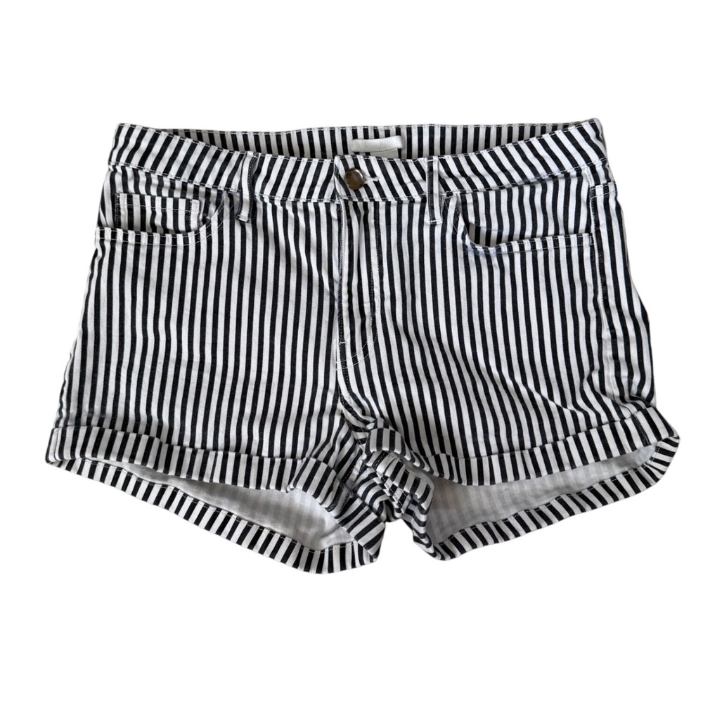 HM Womens Black White Vertical Striped Denim Shorts Size 10 Cuffed Nautical